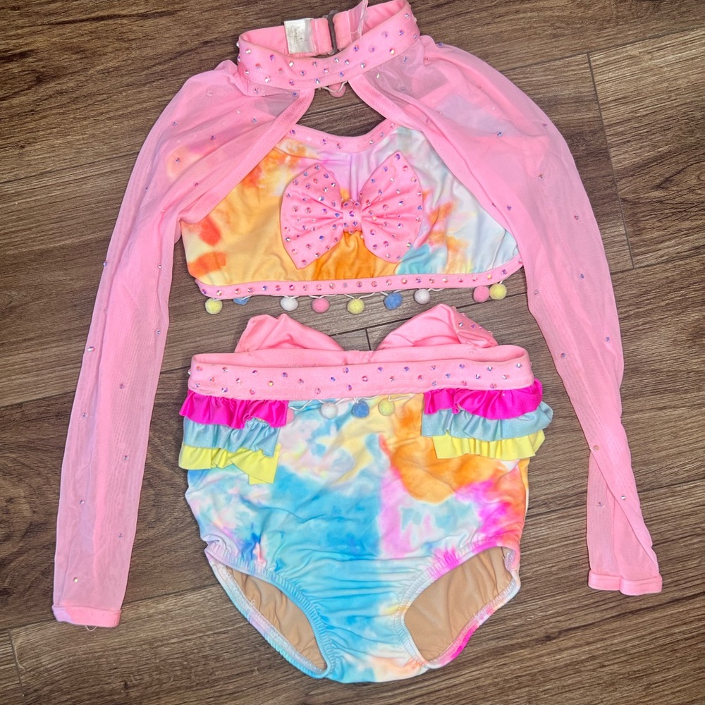 Colorful custom Kids Dance Costume with Pink, Blue, yellow accents